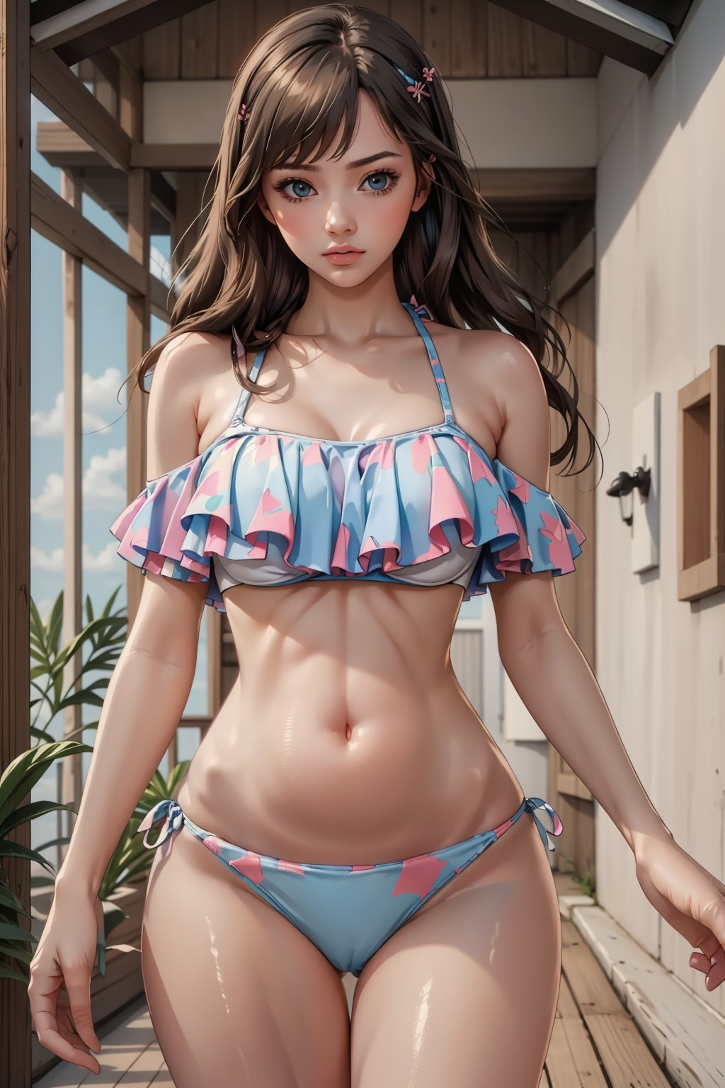 ((masterpiece,best quality)), high res, HD, illustration, solo female, 
perfect anatomy, ,flounce bikini,flounce_bikini