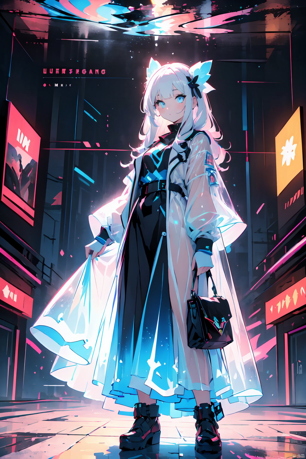  1 girl, frontal,blue eyes, white hair blowing in the wind, hands open, giant mecha warrior standing next to her, science fiction novel, mechanical armor, metallic luster, electroplating, clothing logo, Mars, spacecraft, floating cannon, hexagonal, (from bottom: 1.2), glow, backlight, (background blurry: 1.2) movie lighting, low illumination, VHS style, (masterpiece: 1.3), (best quality: 1.1), complex details, (Surrealism: 1.1), (Realistic details: 1.1), High level of detail, (The text on the cover should be bold and eye-catching, partially hidden behind the characters, with magazine titles and eye-catching titles: 1.4), Superview, Wide angle. Dynamic pose, lighting_ Stance, wide-angle lens