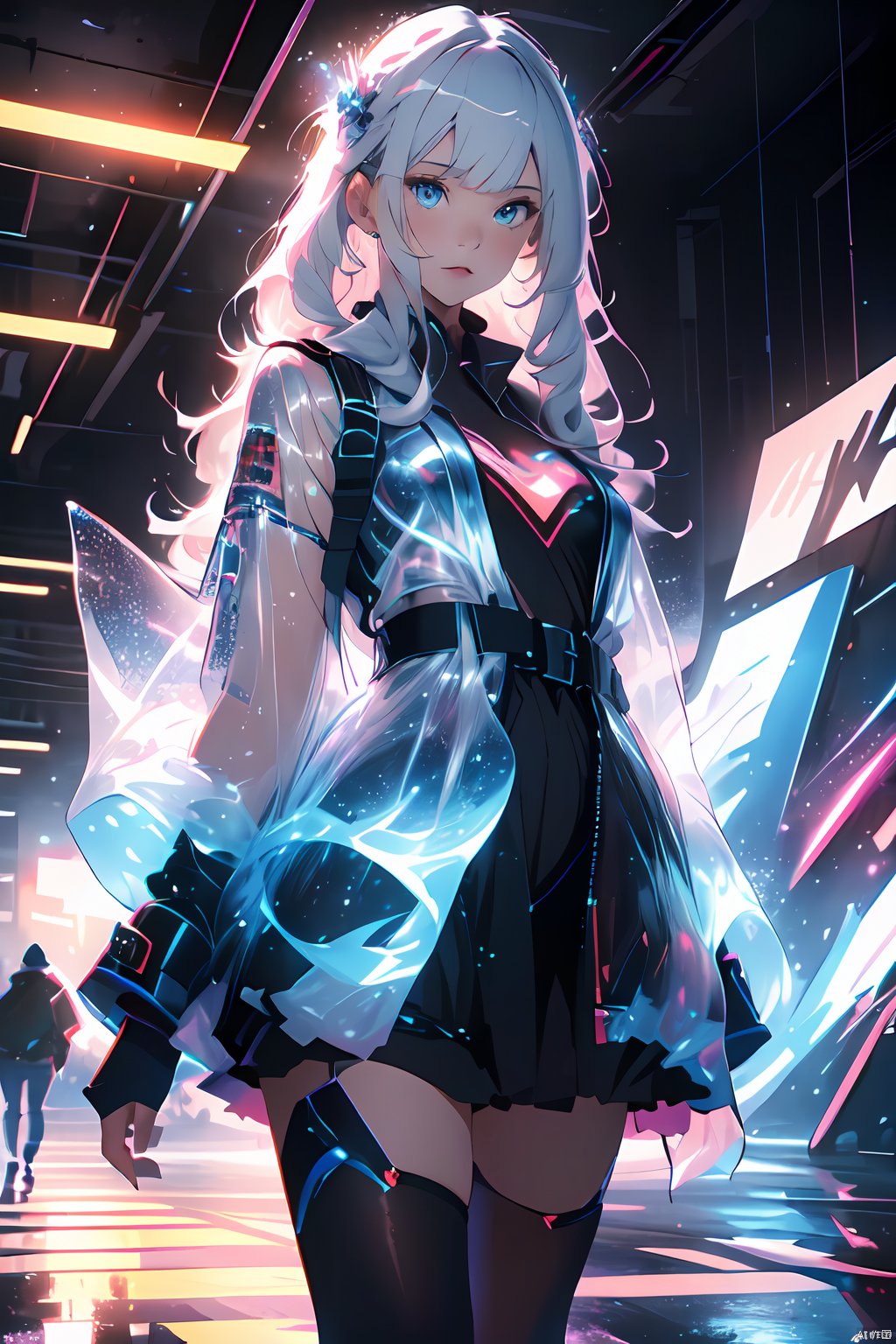  1 girl, frontal,blue eyes, white hair blowing in the wind, hands open, giant mecha warrior standing next to her, science fiction novel, mechanical armor, metallic luster, electroplating, clothing logo, Mars, spacecraft, floating cannon, hexagonal, (from bottom: 1.2), glow, backlight, (background blurry: 1.2) movie lighting, low illumination, VHS style, (masterpiece: 1.3), (best quality: 1.1), complex details, (Surrealism: 1.1), (Realistic details: 1.1), High level of detail, (The text on the cover should be bold and eye-catching, partially hidden behind the characters, with magazine titles and eye-catching titles: 1.4), Superview, Wide angle. Dynamic pose, lighting_ Stance, wide-angle lens