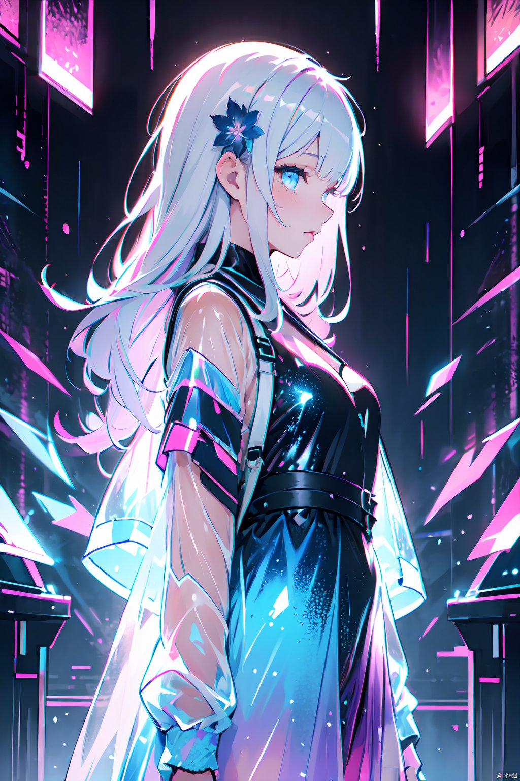  ,holographic,holographic fabric,1girl,solo,a woman in a dress with a futuristic design on it's chest and arms,white hair,china_dress,purple wedding dress,(complex lace:1.1),upper_body,cyberpunk,pale_skin,cinematic photo official art,unity 8k wallpaper,ultra detailed,aesthetic,masterpiece,best quality,photorealistic,purple rose,tangle,entangle,chinese woman,Glowing eyes,tears,Golden eyeshadows,ecstasy of flower,dynamic angle,(the most beautiful form of chaos:1.2),elegant,a brutalist designed,Gradient colours,(romanticism:1.1),film,professional,skin detail realistic,Shimmering Crysta,looking at viewer,(profile:1.2),(holographic:1.2),(transparent raincoat:1.3),holographic fabric,translucent glass,holographic structure,glowing,clear glass,dress,big breasts,cleavage,slender,(flower sea:1.5),,stylish_pose,neon lights,rose,yuri,bouquet,plant,wisteria,