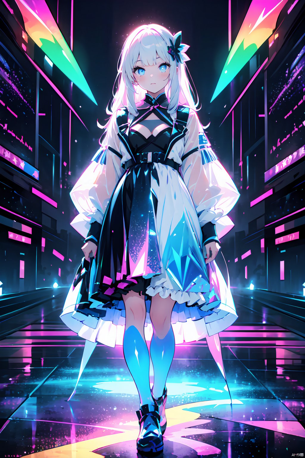  high quality exquisite wallpaper,,(holographic:1.7),holographic metal,holographic fabric,1girl,wearing white Hanfu andblack mecha,The girl was surrounded by magic arrays,solo,mecha musume,blue_eyes,standing,cinematic lighting,strong contrast,1 beautiful young chinese woman,mature and exquisitefacial features,sharp eyes,photon force field,purple and blue glowing neon lights,wide_shot,robot girl,magic array,magic circle,roman numeral,blue theme,intricate glowing lace,(Multiple magic arrays:1.5),1 girl figure is slender medium breasts clothes show cleavage,white hair,Magic Array Control Recommendation: Tguilvas Salen Debi Maggichi Ares,Martipur Maggichi Ares,Tegil Issalon Debi Maggichilins,