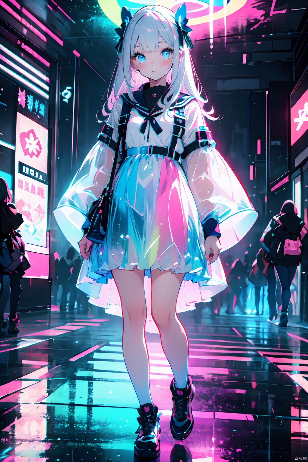  Best quality,masterpiece,transparent color PVC clothing,transparent color vinyl clothing,prismatic,holographic,chromatic aberration,fashion illustration,masterpiece,girl with harajuku fashion,looking at viewer,8k,ultra detailed,pixiv