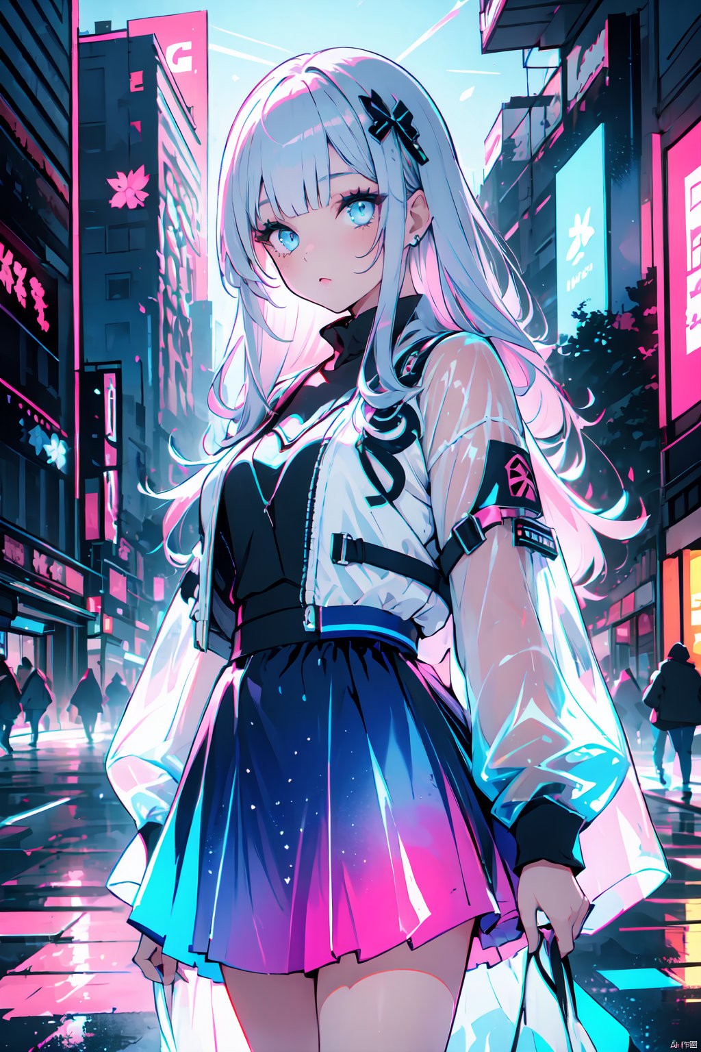  Masterpiece, exquisite, 8k, 1 girl, exquisite long hair, silver | pink | blue hair, exquisite makeup, slogan, eye shadow, eyeliner, laser top, laser skirt, Cyberpunk, neon light, blue purple light, shining, (technology city:1.2),street, , masterpiece, best quality,