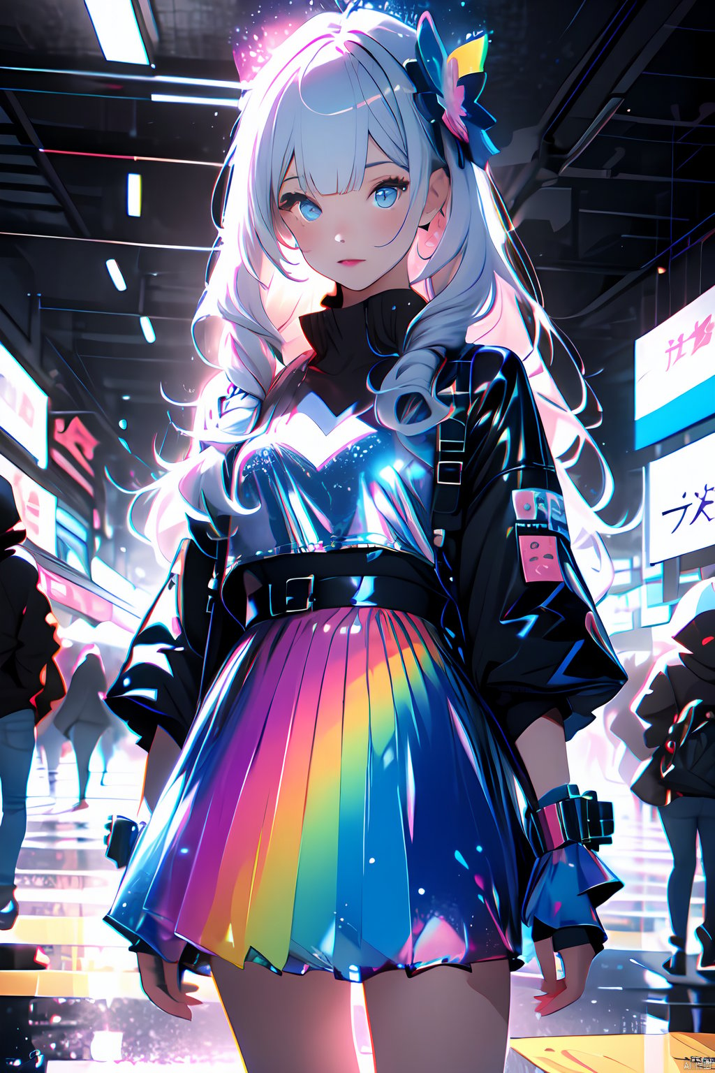  Best quality,masterpiece,transparent color PVC clothing,transparent color vinyl clothing,prismatic,holographic,chromatic aberration,fashion illustration,masterpiece,girl with harajuku fashion,looking at viewer,8k,ultra detailed,pixiv