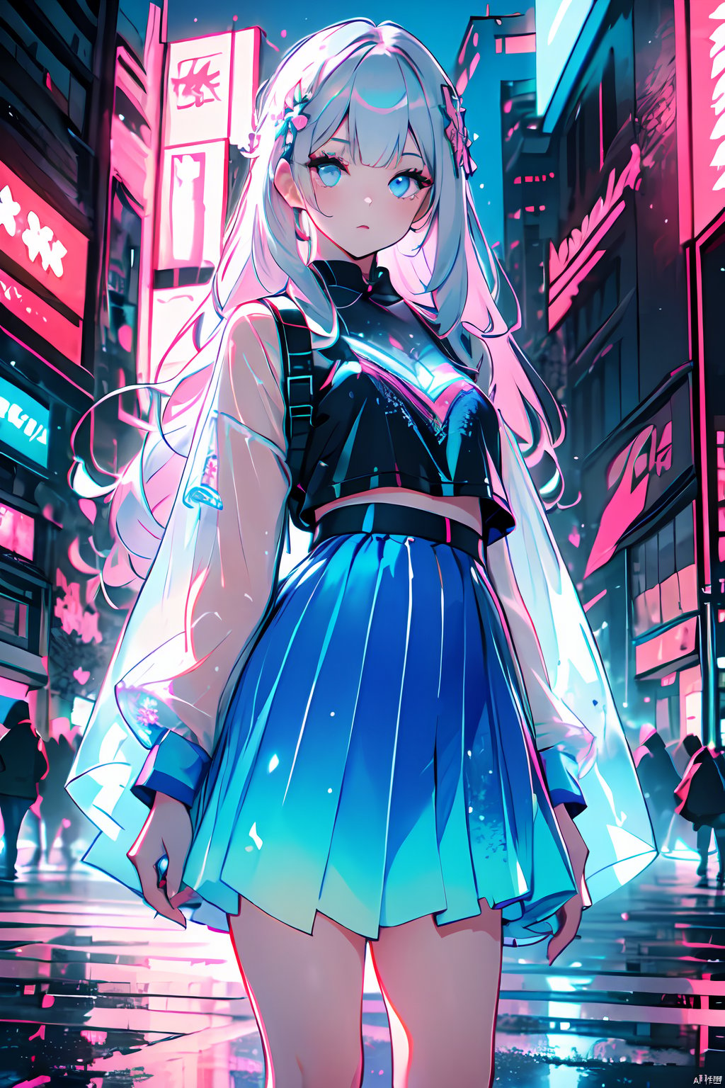  Masterpiece, exquisite, 8k, 1 girl, exquisite long hair, silver | pink | blue hair, exquisite makeup, slogan, eye shadow, eyeliner, laser top, laser skirt, Cyberpunk, neon light, blue purple light, shining, (technology city:1.2),street, , masterpiece, best quality,