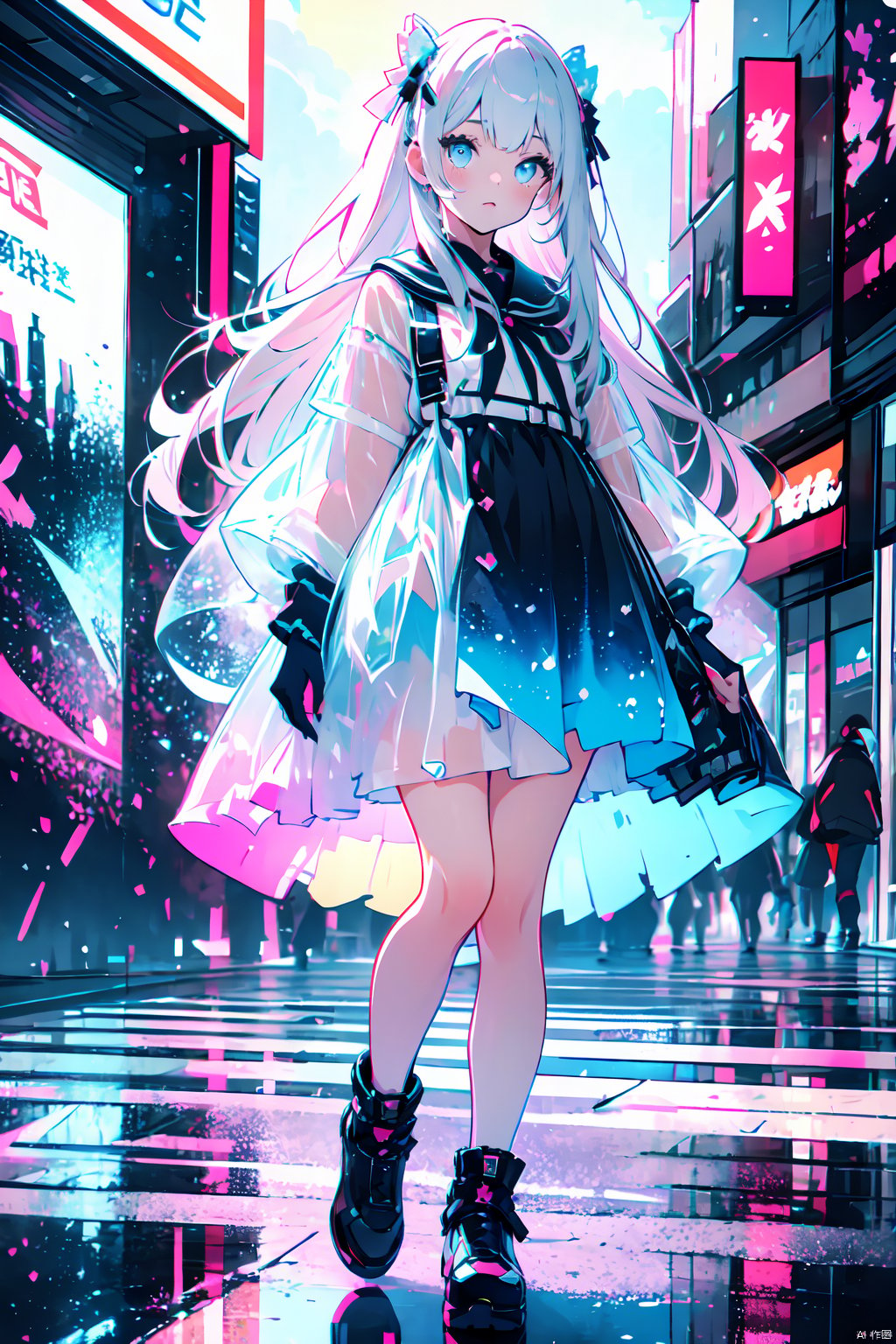  Best quality,masterpiece,transparent color PVC clothing,transparent color vinyl clothing,prismatic,holographic,chromatic aberration,fashion illustration,masterpiece,girl with harajuku fashion,looking at viewer,8k,ultra detailed,pixiv