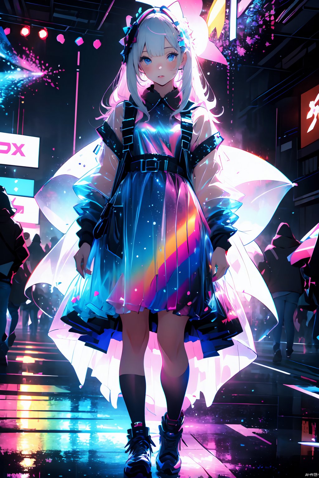  Best quality,masterpiece,transparent color PVC clothing,transparent color vinyl clothing,prismatic,holographic,chromatic aberration,fashion illustration,masterpiece,girl with harajuku fashion,looking at viewer,8k,ultra detailed,pixiv