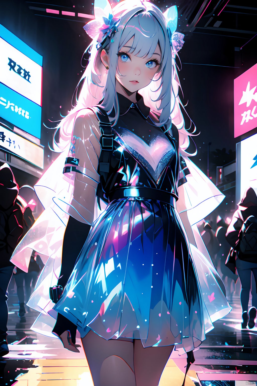  Best quality,masterpiece,transparent color PVC clothing,transparent color vinyl clothing,prismatic,holographic,chromatic aberration,fashion illustration,masterpiece,girl with harajuku fashion,looking at viewer,8k,ultra detailed,pixiv