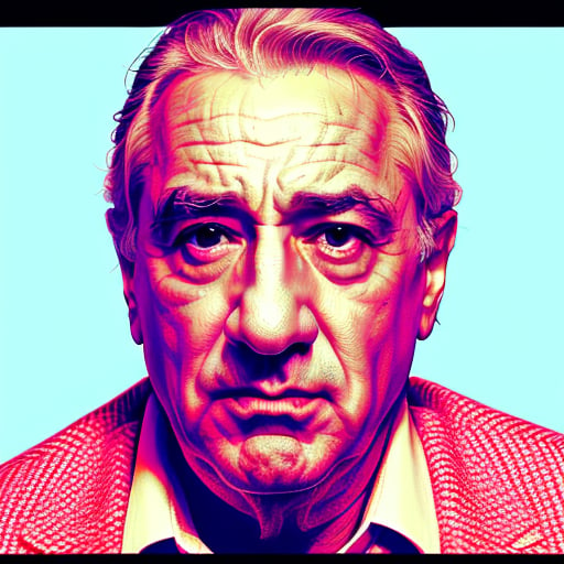 Ultra sharp, red highly detailed crosshatch portrait of Robert De Niro. High contrast face, cocked eyebrow, thick eyebrows, partially shaded face, simple background, monochrome, spot color, blue theme, sharp focus, intricately detailed, hatched lineart, layers of hatching lines, highest quality, masterpiece, 8K,Xhatch,XTCH