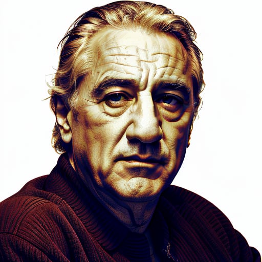 Ultra sharp, red highly detailed crosshatch portrait of Robert De Niro. High contrast face, cocked eyebrow, thick eyebrows, partially shaded face, simple background, monochrome, spot color, blue theme, sharp focus, intricately detailed, hatched lineart, layers of hatching lines, highest quality, masterpiece, 8K,Xhatch,XTCH