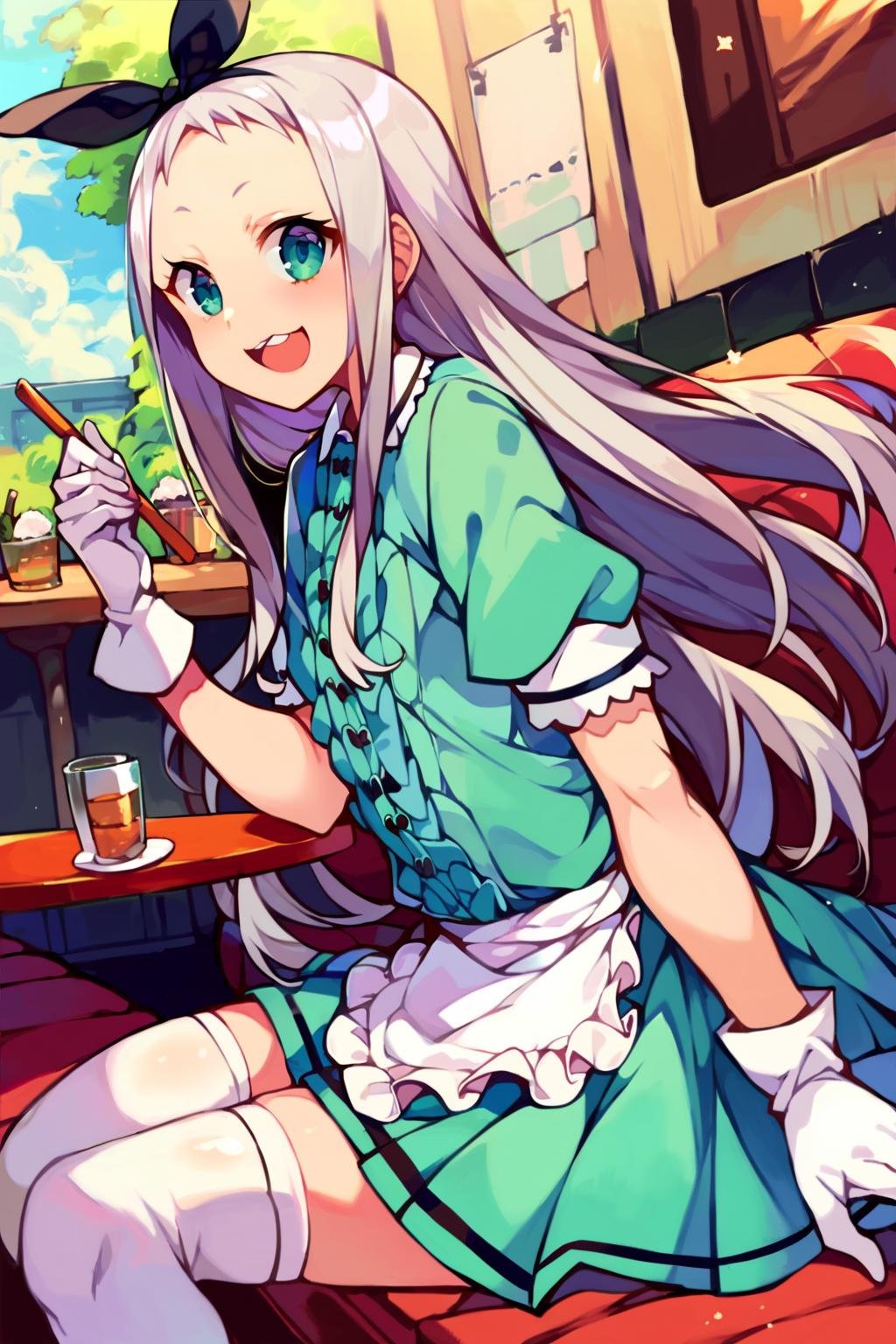 score_9, score_8_up, score_7_up, uncensored, source_anime, <lora:spblendsKanzakiHideriXL:1> hideridef, otoko no ko, hair bow, black hairband, dress, short sleeves, frills, waist apron, frilled apron, skirt, white gloves, white thighhighs, cafe, sitting, open-mouth smile