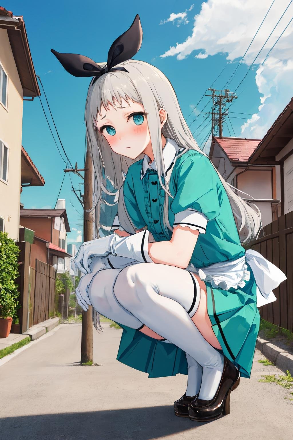 masterpiece, best quality, 1boy, <lora:spblendsKanzakiHideri-10:1> hideridef, otoko no ko, hair bow, black hairband, dress, short sleeves, frills, waist apron, frilled apron, skirt, white gloves, white thighhighs, arrow (symbol), balloon, blue sky, cloud, day, house, ligne claire, outdoors, power lines, railing, sky, utility pole, blush, looking at viewer, mask pull, solo, squatting