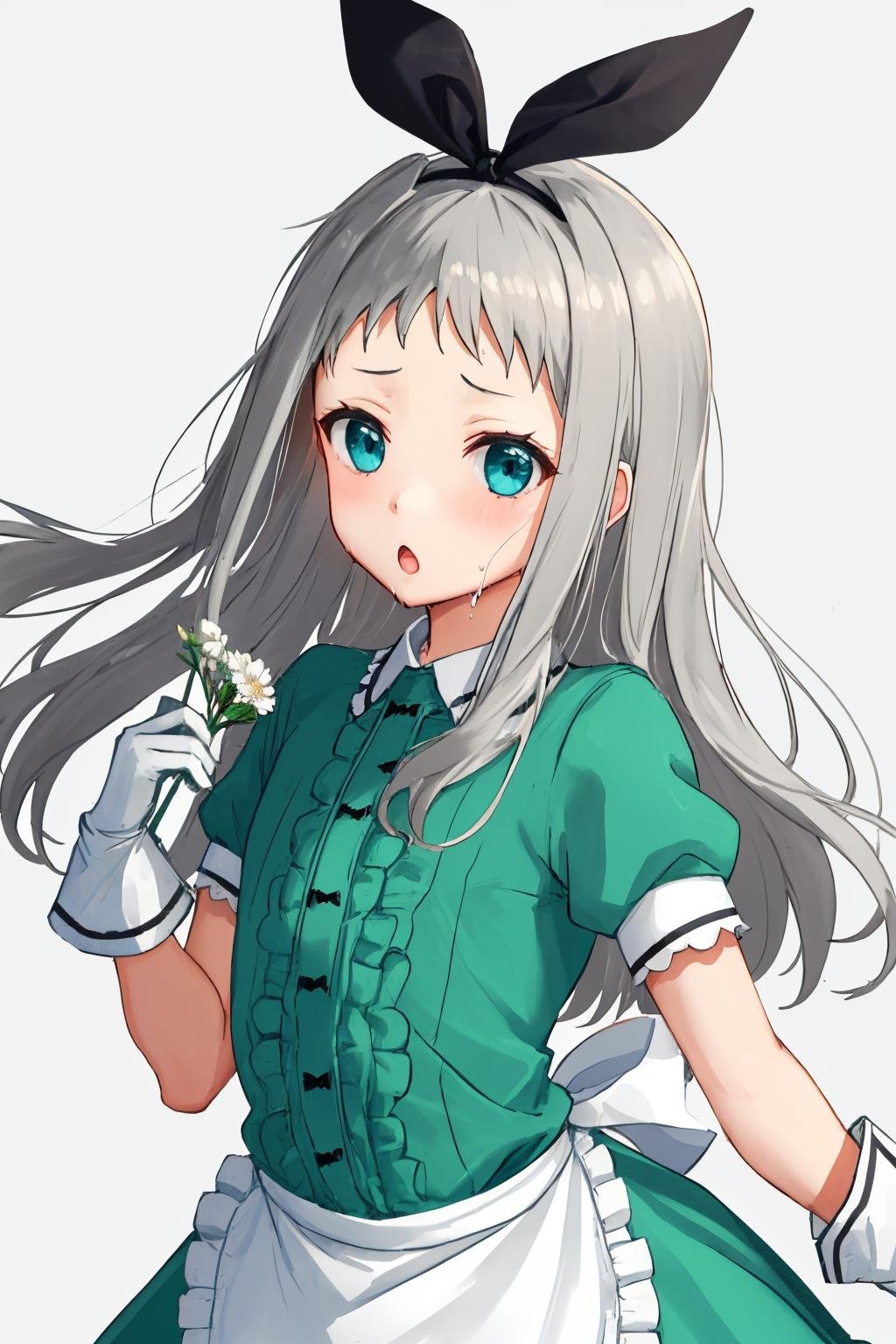 masterpiece, best quality, 1boy, <lora:spblendsKanzakiHideri-10:1> hideridef, otoko no ko, hair bow, black hairband, dress, short sleeves, frills, waist apron, frilled apron, skirt, white gloves, white thighhighs, grey background, simple background, upper body, wet, :o, holding, holding flower, solo