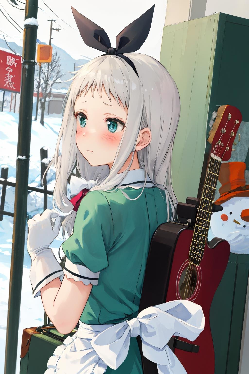 masterpiece, best quality, 1boy, <lora:spblendsKanzakiHideri-10:1> hideridef, otoko no ko, hair bow, black hairband, dress, short sleeves, frills, waist apron, frilled apron, skirt, white gloves, white thighhighs, artist name, bird, dated, day, from behind, guitar case, outdoors, poster (object), record, shop, snow, snowman, upper body, blush, closed mouth, holding, looking away, solo, standing