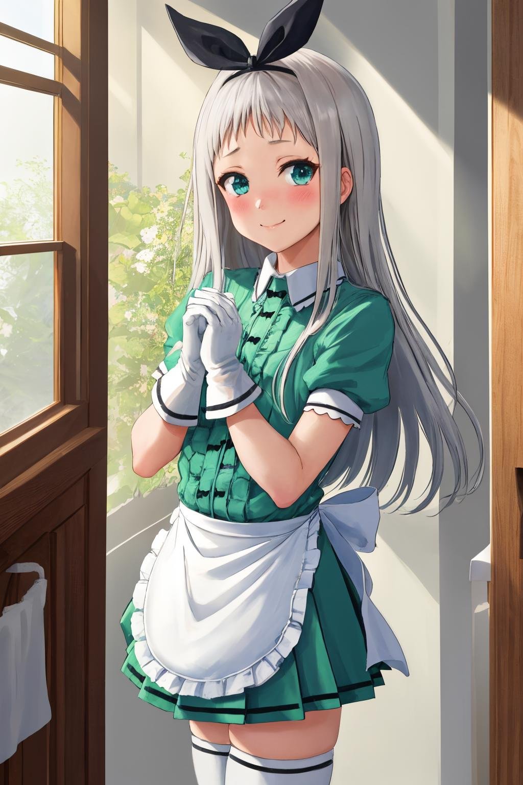 masterpiece, best quality, 1boy, <lora:spblendsKanzakiHideri-10:1> hideridef, otoko no ko, hair bow, black hairband, dress, short sleeves, frills, waist apron, frilled apron, skirt, white gloves, white thighhighs, changing room, school, blush, closed mouth, hands up, looking at viewer, own hands together, smile, solo, standing