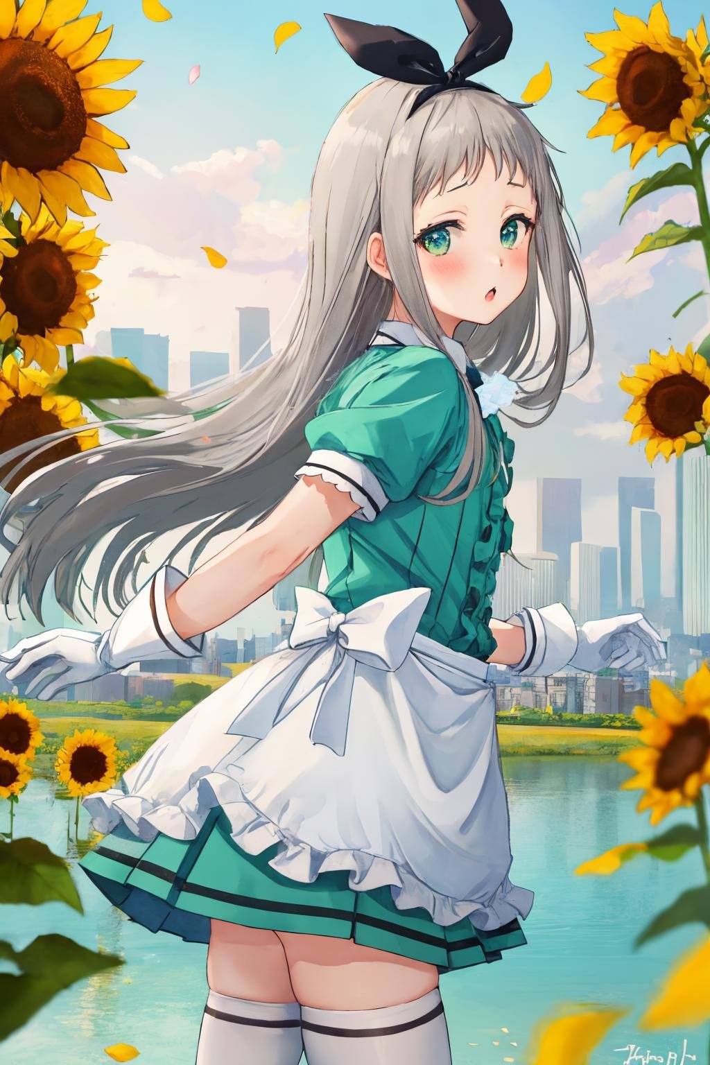 masterpiece, best quality, 1boy, <lora:spblendsKanzakiHideri-10:1> hideridef, otoko no ko, hair bow, black hairband, dress, short sleeves, frills, waist apron, frilled apron, skirt, white gloves, white thighhighs, blurry, blurry background, flower, lake, petals, signature, skyline, sunflower, water, yellow flower, :o, blush, holding, looking at viewer, looking back, parted lips, solo, standing