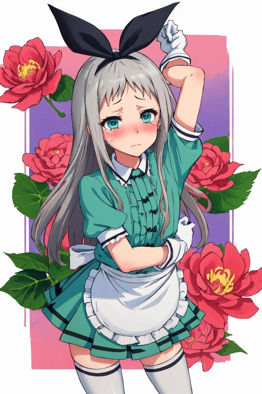 masterpiece, best quality, 1boy, <lora:spblendsKanzakiHideri-10:1> hideridef, otoko no ko, hair bow, black hairband, dress, short sleeves, frills, waist apron, frilled apron, skirt, white gloves, white thighhighs, blue flower, bug, butterfly, cherry blossoms, chrysanthemum, flower, food, fruit, morning glory, peony (flower), pink flower, plum blossoms, purple flower, red flower, rose, sayagata, seasons, spider lily, watermelon, yellow butterfly, yellow flower, arm up, blush, closed mouth, cropped legs, holding, holding bag, hugging own legs, knees up, solo, tears