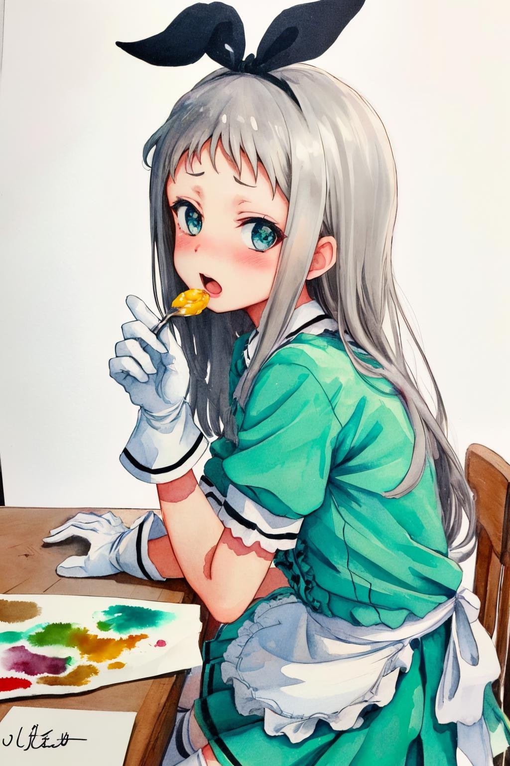 masterpiece, best quality, 1boy, <lora:spblendsKanzakiHideri-10:1> hideridef, otoko no ko, hair bow, black hairband, dress, short sleeves, frills, waist apron, frilled apron, skirt, white gloves, white thighhighs, close-up, flower, from side, painting (medium), portrait, signature, simple background, traditional media, watercolor (medium), white background, white flower, blush, feeding, hand on table, holding, holding spoon, looking at viewer, open mouth, solo