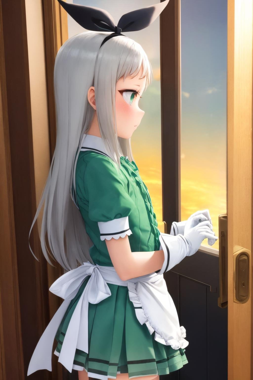 masterpiece, best quality, 1boy, <lora:spblendsKanzakiHideri-10:1> hideridef, otoko no ko, hair bow, black hairband, dress, short sleeves, frills, waist apron, frilled apron, skirt, white gloves, white thighhighs, border, english text, gift, incoming gift, open door, outside border, rainbow gradient, school, sunlight, sunset, valentine, white border, window, looking afar, looking to the side, profile, solo