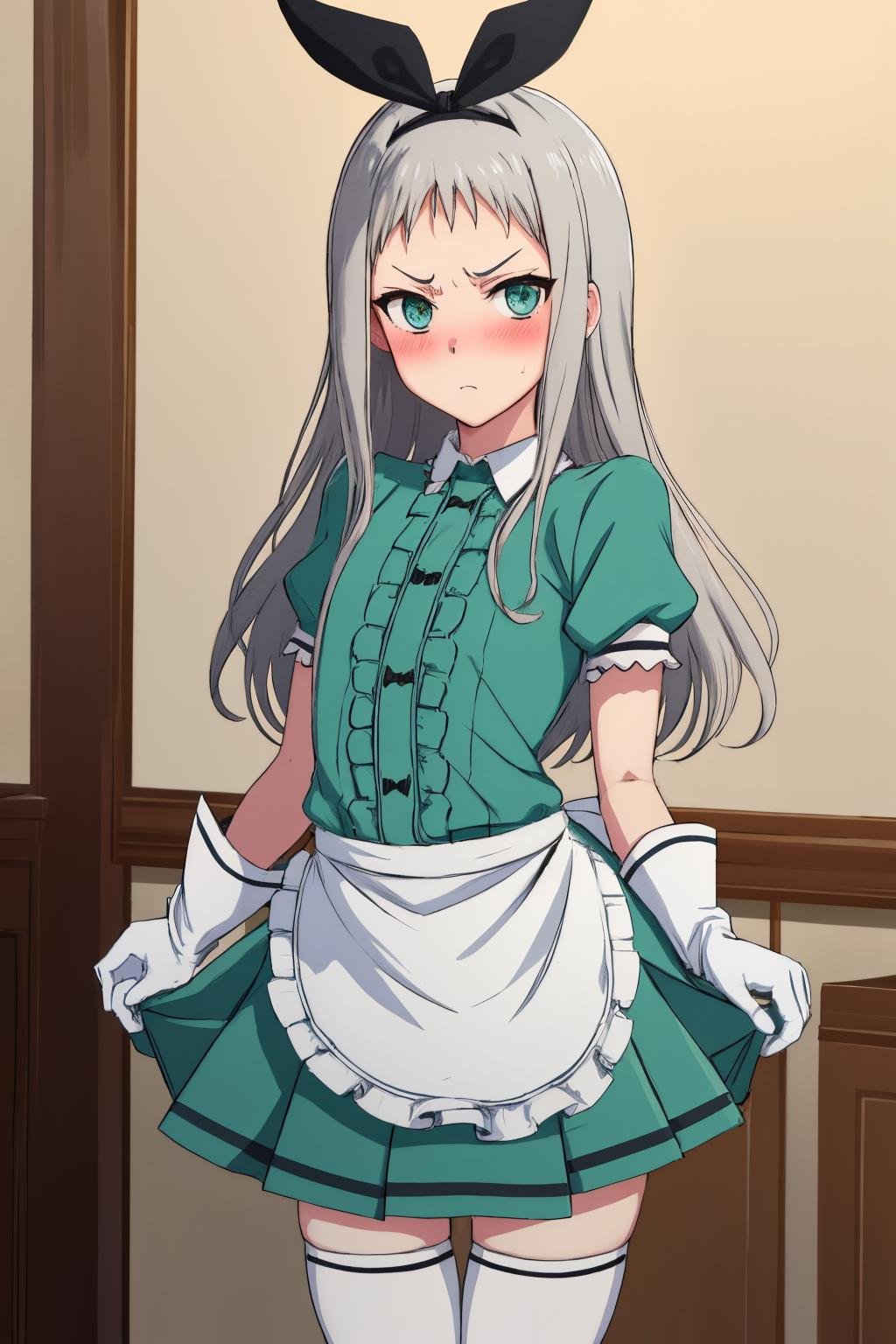 masterpiece, best quality, 1boy, <lora:spblendsKanzakiHideri-10:1> hideridef, otoko no ko, hair bow, black hairband, dress, short sleeves, frills, waist apron, frilled apron, skirt, white gloves, white thighhighs, artist name, christmas, blush, glaring, jitome, looking at viewer, solo