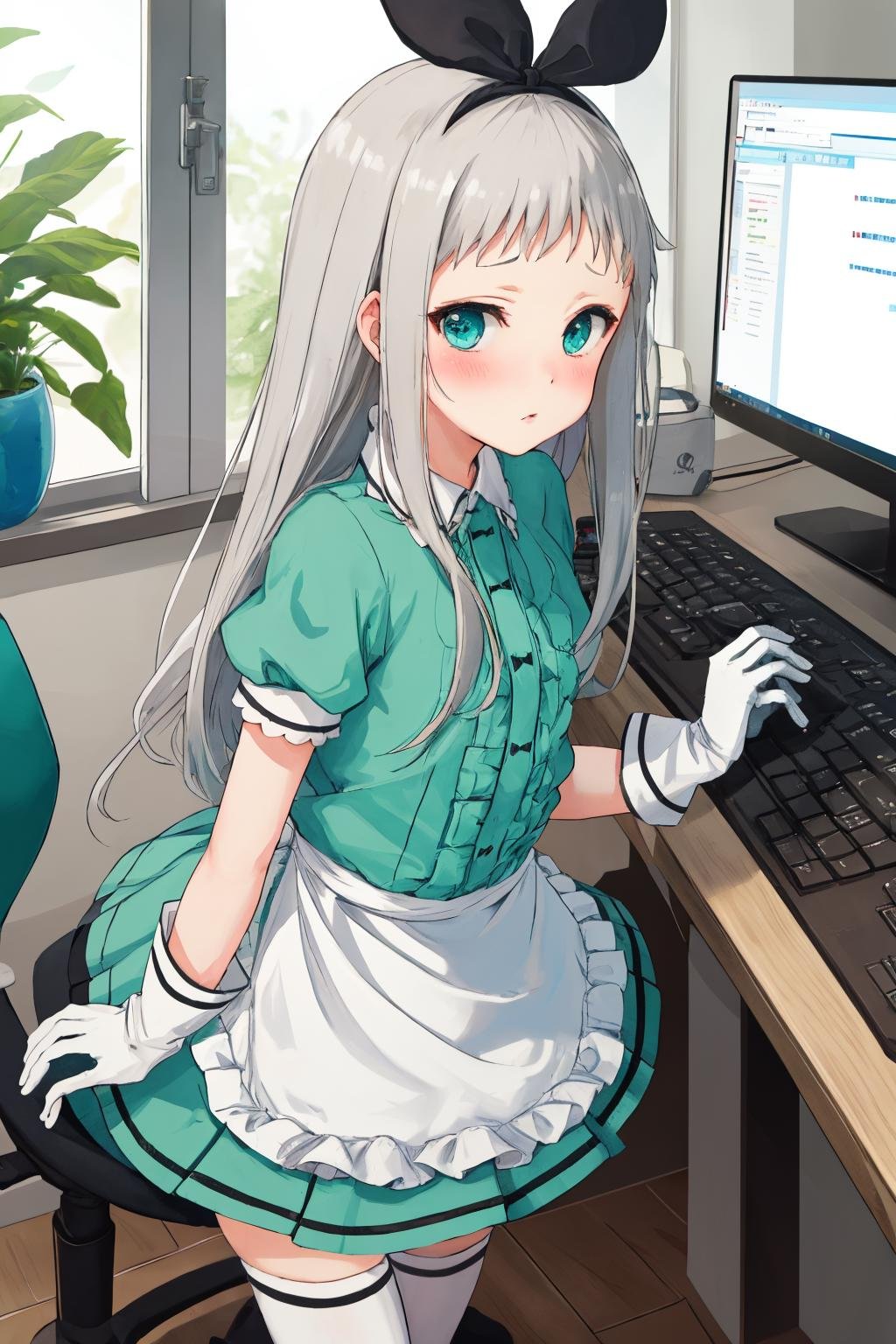 masterpiece, best quality, 1boy, <lora:spblendsKanzakiHideri-10:1> hideridef, otoko no ko, hair bow, black hairband, dress, short sleeves, frills, waist apron, frilled apron, skirt, white gloves, white thighhighs, day, indoors, keyboard (computer), mouse (computer), blush, looking at viewer, side braid, solo