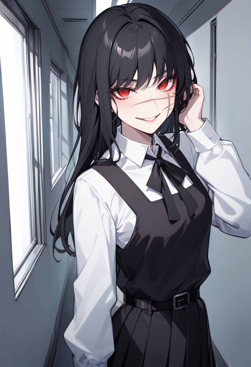 solo,  1girl,  csmyoru,  scar on face,  blood on face,  evil smile,  looking at viewer,  hand on own face,  red eyes,  ringed eyes,  school uniform,  pinafore dress,  white shirt,  ribbon,  long sleeves,  belt,  indoors,  hallway,<lora:EMS-281759-EMS:1.000000>