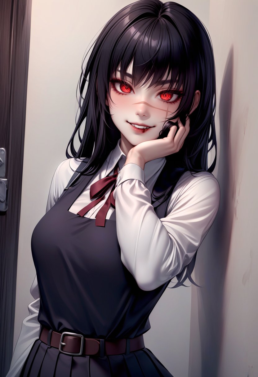 solo,  1girl,  csmyoru,  scar on face,  blood on face,  evil smile,  looking at viewer,  hand on own face,  red eyes,  ringed eyes,  school uniform,  pinafore dress,  white shirt,  ribbon,  long sleeves,  belt,  indoors,  hallway,<lora:EMS-281759-EMS:1.000000>