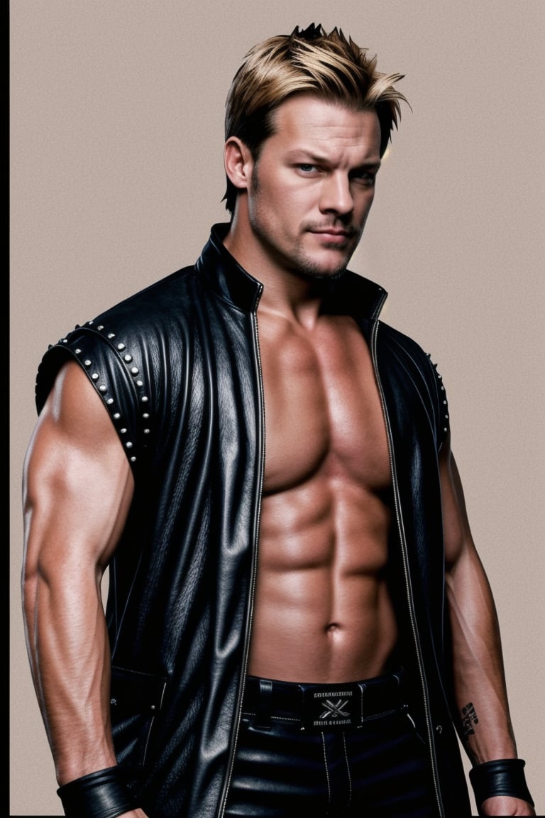 Jericho as a Street Fighter 2 character,solo, long hair, looking at viewer, blonde hair, simple background, 1boy, jacket, upper body, male focus, grey background, facial hair, beard, spikes, realistic, leather, leather jacket,<lora:659111690174031528:1.0>