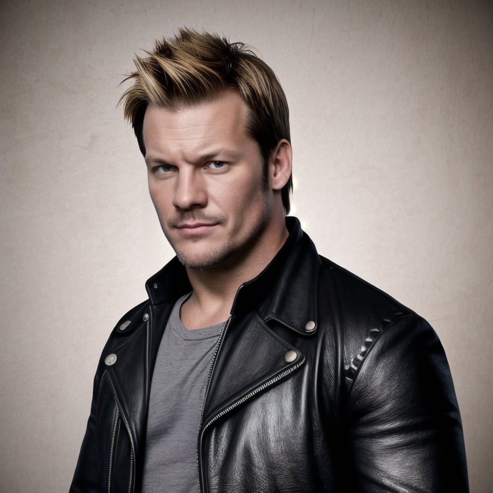 Jericho as a Street Fighter 2 character,solo, long hair, looking at viewer, blonde hair, simple background, 1boy, jacket, upper body, male focus, grey background, facial hair, beard, long large spikes, realistic, leather, leather jacket,<lora:659111690174031528:1.0>