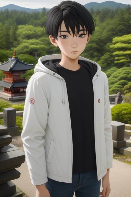 Hinode is a 16-year-old boy with short black hair and dark brown eyes. Slim build. He wears a black shirt and a white jacket with a hood, dark jeans. In the background there is a Japanese forest and a Japanese temple in the distance, 1boy, hinode, sciamano240