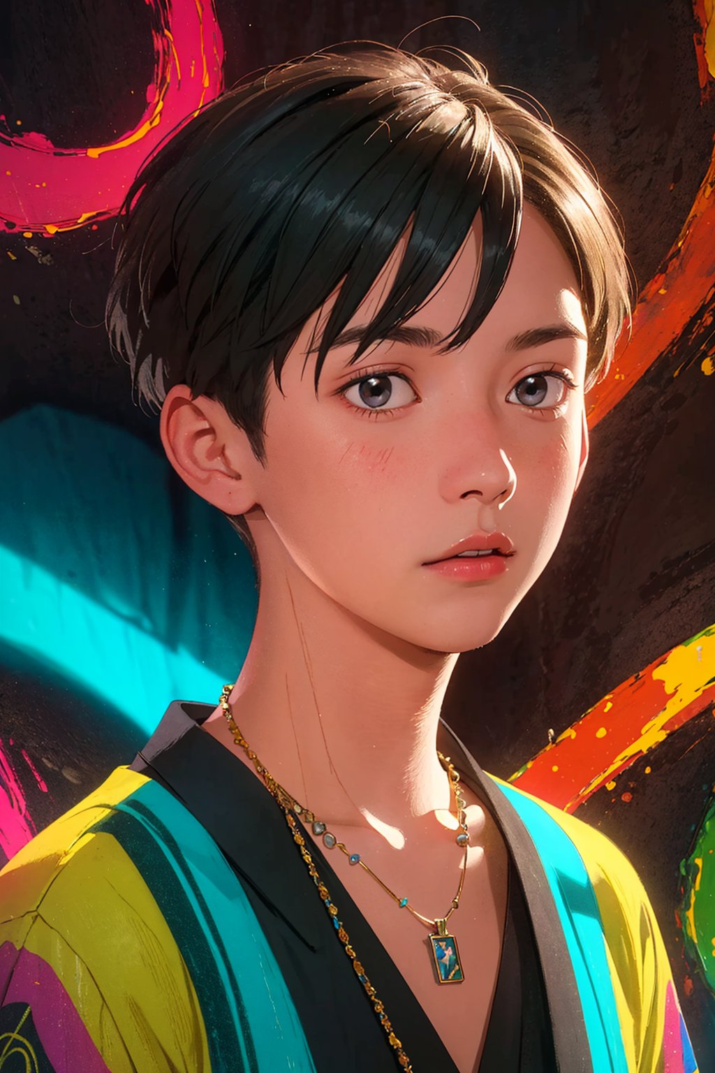 1boy, solo, Hinode, oil painting, impasto, looking at viewer, a young man, 18 years old, short black hair, brown eyes, tribal necklace, urban psychedelic outfit, psychedelic  background, masterpiece, nijistyle, niji, ,sciamano240, soft shading, hinode