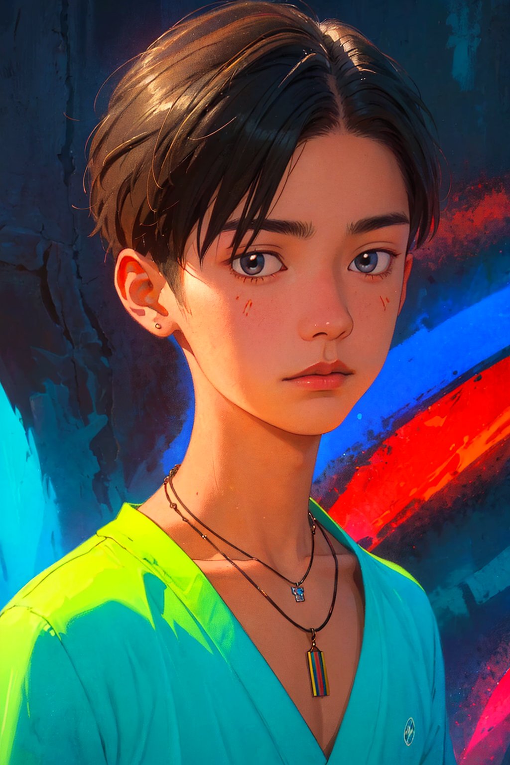1boy, solo, Hinode, oil painting, impasto, looking at viewer, a young man, 18 years old, short black hair, brown eyes, tribal necklace, urban psychedelic outfit, psychedelic  background, masterpiece, nijistyle, niji, ,sciamano240, soft shading, hinode