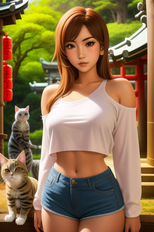 Muge is a 16-year-old girl, long shoulder-length orange_brown hair, orange-brown eyes. She has an athletic build, big breasts, wide hips. She wears a pink white crop top long white sleeve, jean shorts. she surrounded by cats. In the background there is a Japanese forest and a Japanese temple in the distance. In the background there is a Japanese forest and a Japanese temple in the distance, interactive image, highly detailed, 1girl, sciamano240, muge