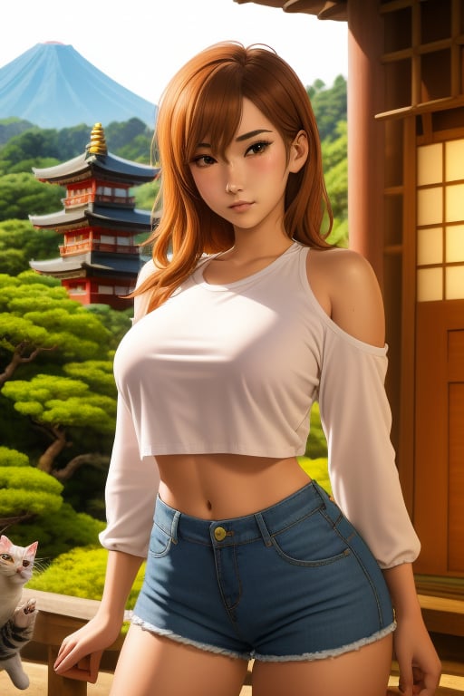 Muge is a 16-year-old girl, long shoulder-length orange_brown hair, orange-brown eyes. She has an athletic build, big breasts, wide hips. She wears a pink white crop top long white sleeve, jean shorts. she surrounded by cats. In the background there is a Japanese forest and a Japanese temple in the distance. In the background there is a Japanese forest and a Japanese temple in the distance, interactive image, highly detailed, 1girl, sciamano240, muge