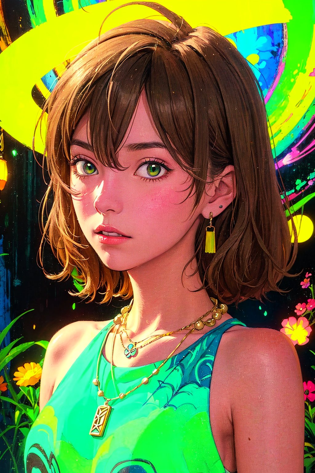 1girl, solo, Muge, oil painting, impasto, looking at viewer, a young woman, 18 years old, light_brown hair, long shoulder-length haircut, green eyes, tribal necklace, urban psychedelic outfit, psychedelic  background, masterpiece, nijistyle, niji, ,sciamano240, soft shading, muge