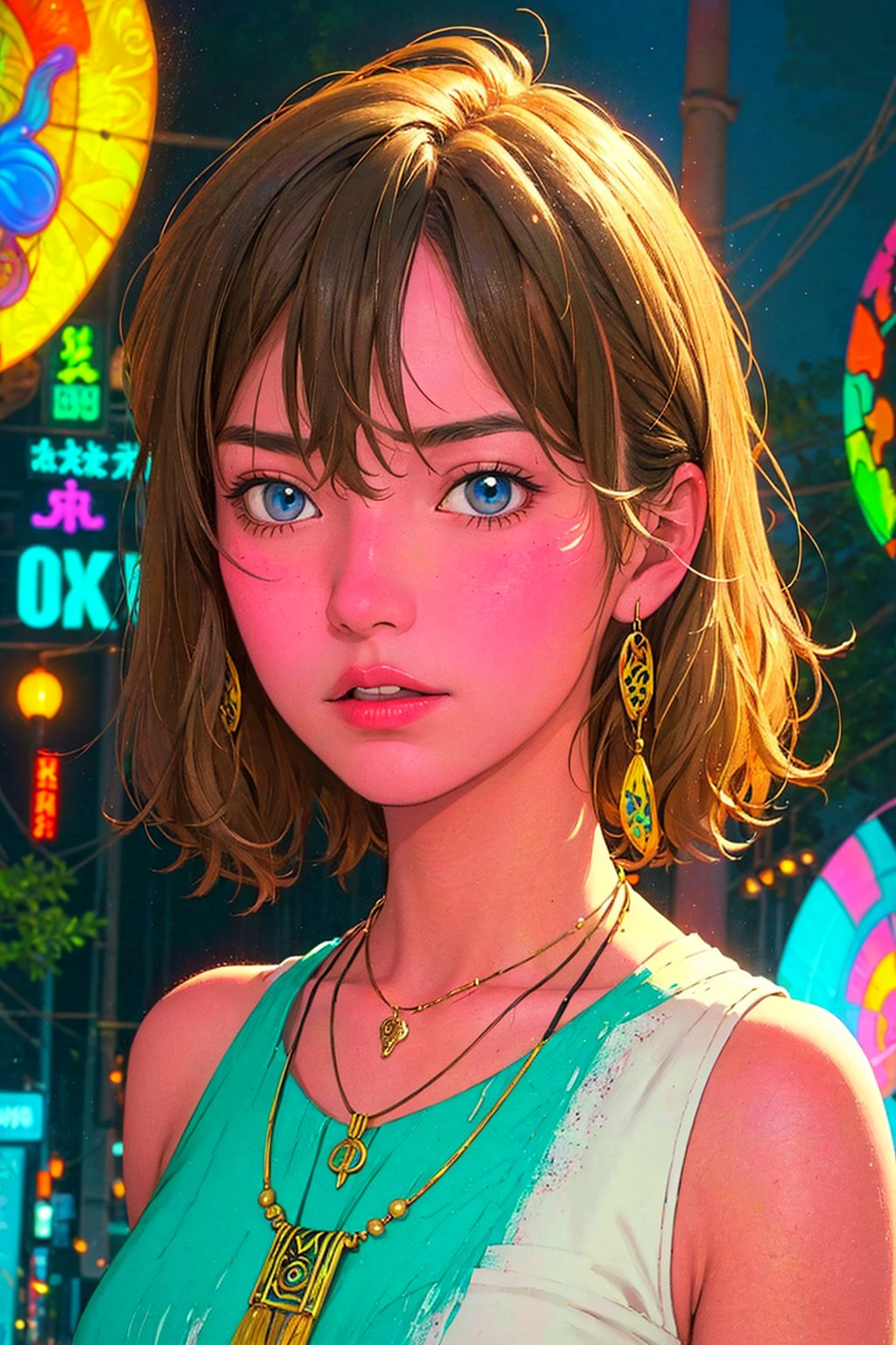 1girl, solo, Muge, oil painting, impasto, looking at viewer, a young woman, 18 years old, light_brown hair, long shoulder-length haircut, blue eyes, tribal necklace, urban psychedelic outfit, psychedelic  background, masterpiece, nijistyle, niji, ,sciamano240, soft shading, muge