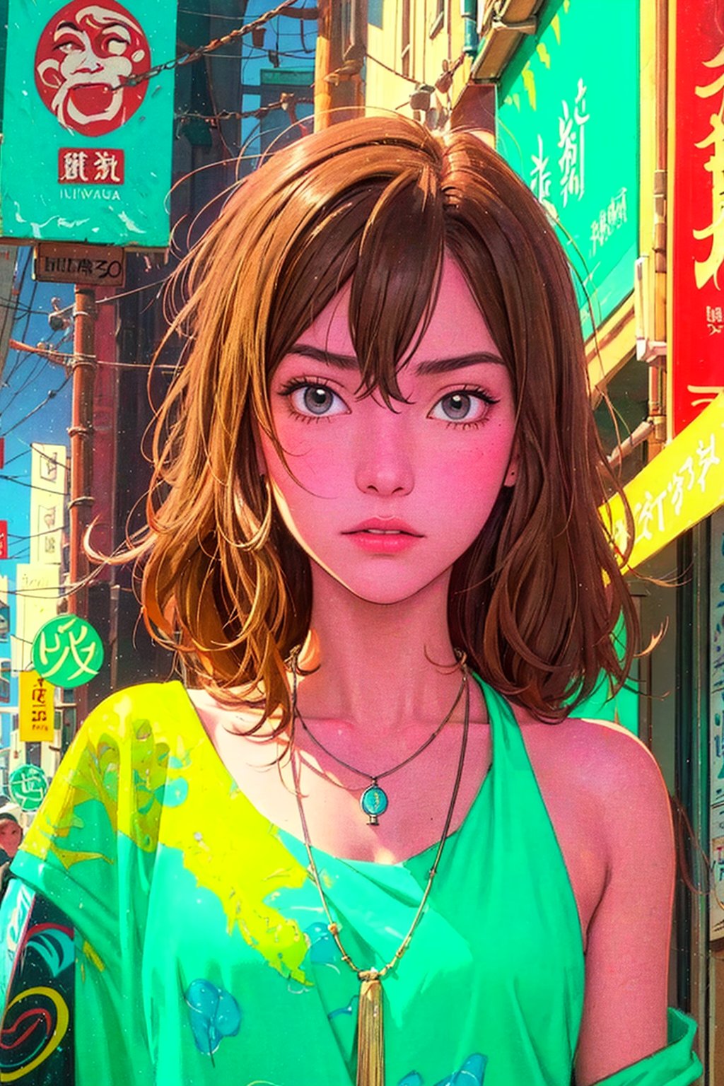 1girl, solo, Muge, oil painting, impasto, looking at viewer, a young woman, 18 years old, light_brown hair, long shoulder-length haircut, grey eyes, tribal necklace, urban psychedelic outfit, psychedelic  background, masterpiece, nijistyle, niji, ,sciamano240, soft shading, muge