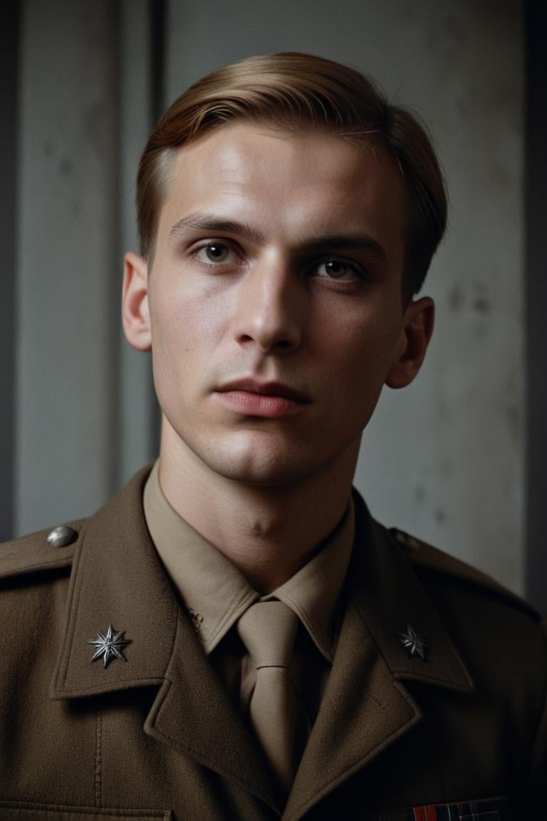 stylized by Natalia Rak and Grete Stern, photograph, well-built Male Soldier, Caramel hair, Sharp and in focus, Depressing, soft lighting, film grain, Fujifilm Neopan 100, Depth of field 270mm, photorealism