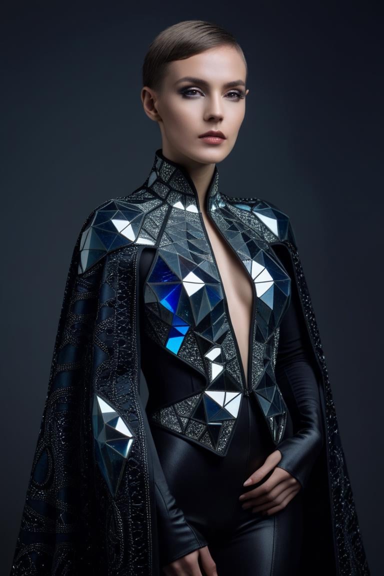 [art by Barbara Stauffacher Solomon and (Brassaï:1.2) ::12], photograph, Lively slim Cyberpunk Trinity, she is wearing her Baroque Crystal Cubism fashion style Cape, Relaxed, Nikon d850, F/1.8, dark, haute couture