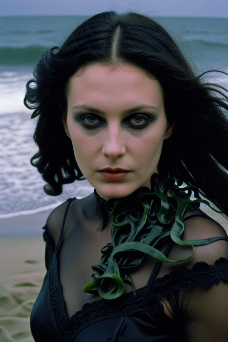 (by Lena Alexander:0.8) , photograph, (wakame:1.1) , beach, deep focus, demure Goth, Rembrandt lighting, Kodak UltraMax 400, F/8, Dark hue, rainbow swirl, close-up, gothic