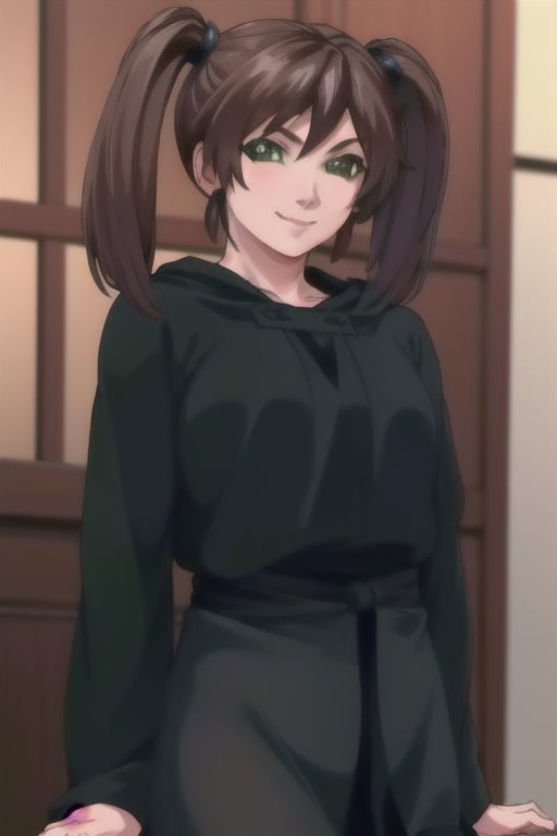 1girl, Jun , twintails, smile, green eyes, brown hair,black tunic,mature,