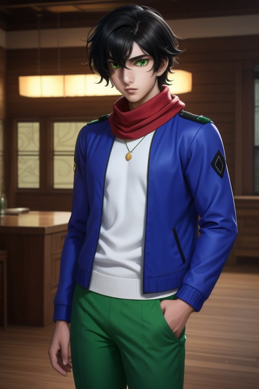 Soran Ibrahim or Setsuna F. Seiei, is a young man of 18 years old, with thick dark brown hair, olive skin and amber eyes. Slim build. one a blue sweater with white and black elements, he wears a red scarf. He wears a thigh-length blue jacket, with black, indigo and green colors. he wears black baggy pants. In the background a sci-fi, solarpunk world. interactive image, highly detailed.  seiei, sciamano240