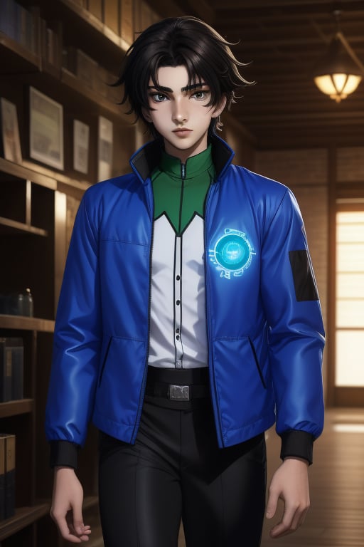 Soran Ibrahim or Setsuna F. Seiei, is a young man of 18 years old, with thick dark brown hair, olive skin, amber eyes. Slim build. he wears a blue shirt with white and black elements. He wears a thigh-length blue jacket, with black, indigo colors. he wears baggy black pants. In the background a sci-fi, solarpunk world. interactive image, highly detailed. 1boy, seiei, sciamano240