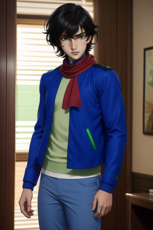 Soran Ibrahim or Setsuna F. Seiei, is a young man of 18 years old, with thick dark brown hair, olive skin and amber eyes. Slim and athletic build. one a white sweater with blue elements, he wears a red scarf. He wears a thigh-length blue jacket, with black, indigo and green colors. he wears black baggy pants. In the background a sci-fi, solarpunk, gundam design. interactive image, highly detailed.  seiei, sciamano240