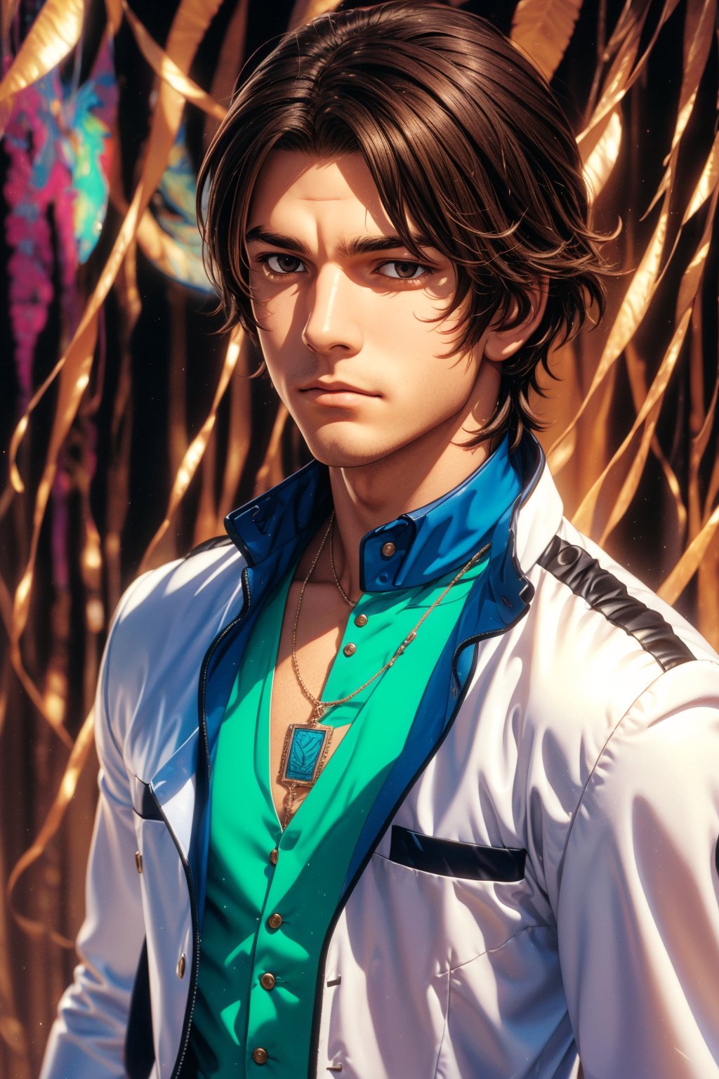 1boy, solo, Setsuna, oil painting, impasto, looking at viewer, a handsome young man, 18 years old, dar_brown hair, brown eyes, athletic figure, tribal necklace, urban psychedelic outfit, psychedelic  background, masterpiece, nijistyle, niji, ,sciamano240, soft shading, seiei,1 girl