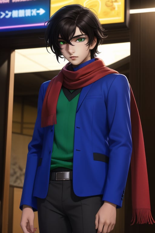 Soran Ibrahim or Setsuna F. Seiei, is a young man of 18 years old, with thick dark brown hair, olive skin, amber eyes. Slim build. one a blue sweater with white and black elements, he wears a red scarf. He wears a thigh-length blue jacket, with black, indigo, green colors. he wears black baggy pants. In the background a sci-fi, solarpunk world. interactive image, highly detailed. 1boy, seiei, sciamano240