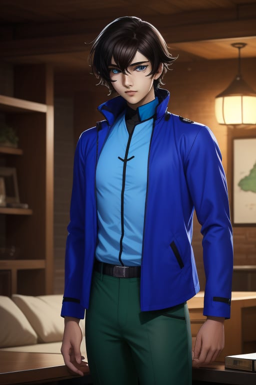 Soran Ibrahim or Setsuna F. Seiei, is a young man of 18 years old, with thick dark brown hair, olive skin, amber eyes. Slim build. he wears a blue shirt with white and black elements. He wears a thigh-length blue jacket, with black, indigo colors. he wears black baggy pants. In the background a sci-fi, solarpunk world. interactive image, highly detailed. 1boy, seiei, sciamano240