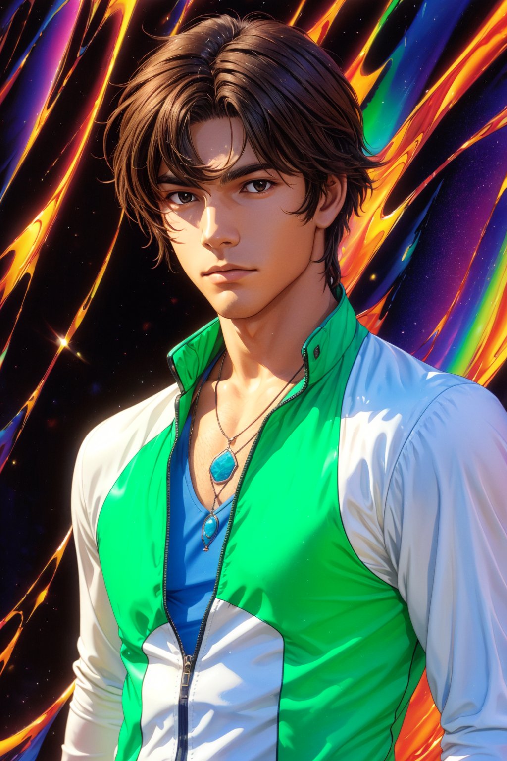 1boy, solo, Setsuna, oil painting, impasto, looking at viewer, a handsome young man, 18 years old, dar_brown hair, brown eyes, athletic figure, tribal necklace, urban psychedelic outfit, psychedelic  background, masterpiece, nijistyle, niji, ,sciamano240, soft shading, seiei,1 girl