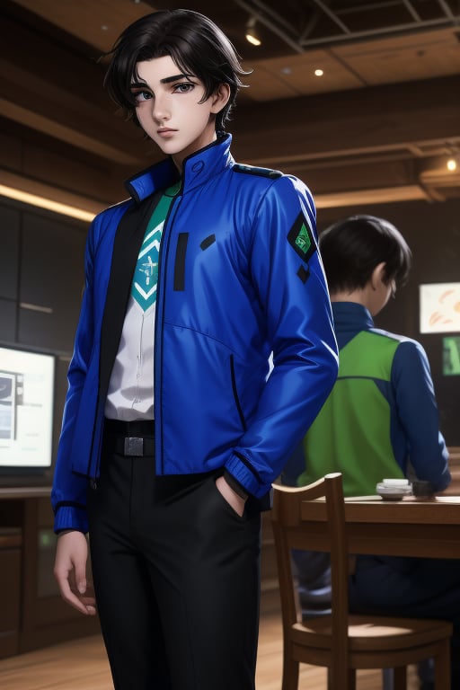 Soran Ibrahim or Setsuna F. Seiei, is a young man of 18 years old, with thick dark brown hair, olive skin, amber eyes. Slim build. he wears a blue shirt with white and black elements. He wears a thigh-length blue jacket, with black, indigo colors. he wears baggy black pants. In the background a sci-fi, solarpunk world. interactive image, highly detailed. 1boy, seiei, sciamano240