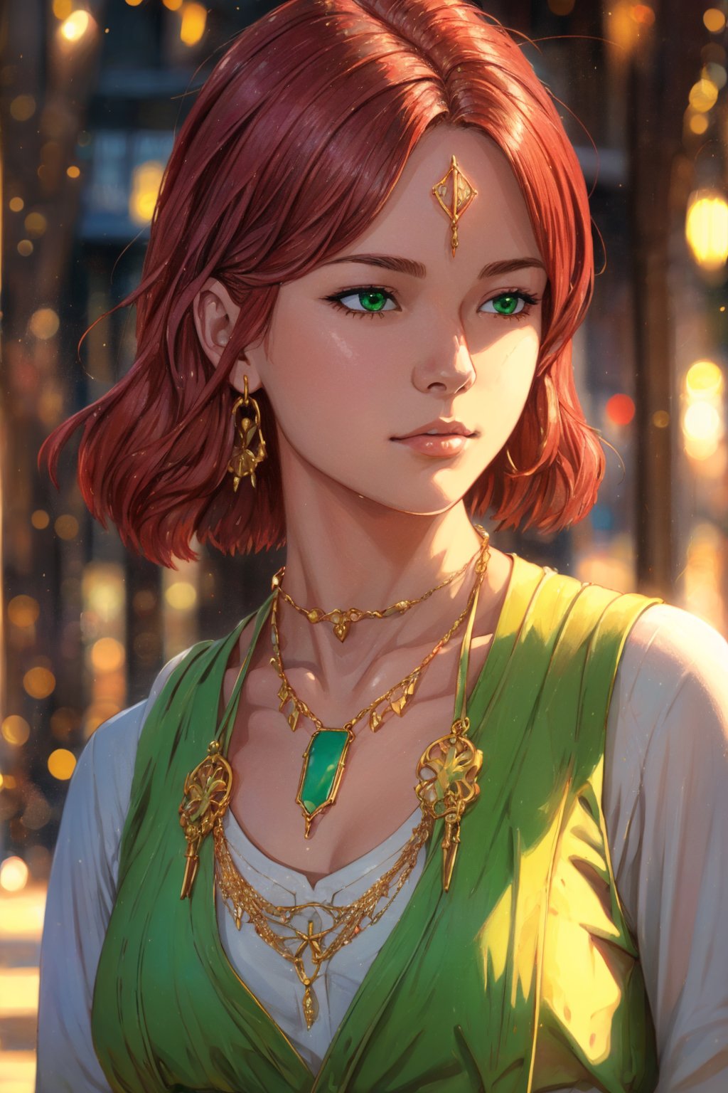 1girl, solo, Yukina, oil painting, impasto, looking at viewer, a young woman, 18 years old, red hair, shoulder length haircut, green eyes, muscular figure, tribal necklace, urban psychedelic outfit, psychedelic  background, masterpiece, nijistyle, niji, ,sciamano240, soft shading, yukina,1 girl